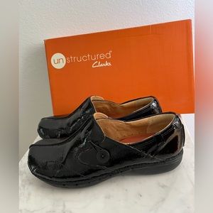 Clarks Unstructured Black Patent Leather Un Loop Clogs Slip-On Shoes 8.5 N